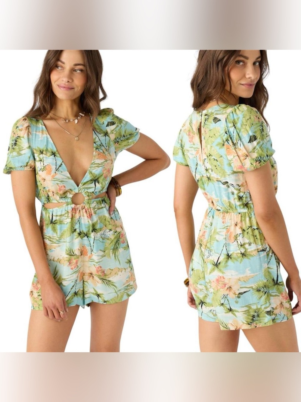 O’Neill Hawaiian print shorts romper with cutouts size small